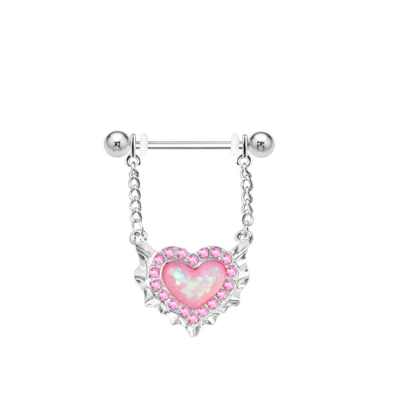 Stainless Steel New Pink Heart-Shaped Opal Belly Button Ring Clip Earrings Nose Stud Body Piercing Jewelry_voghion.com