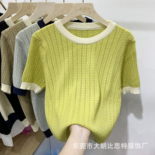 2025春季新款撞色软糯针织衫女短袖设计感小众慵懒风百搭毛衣上衣