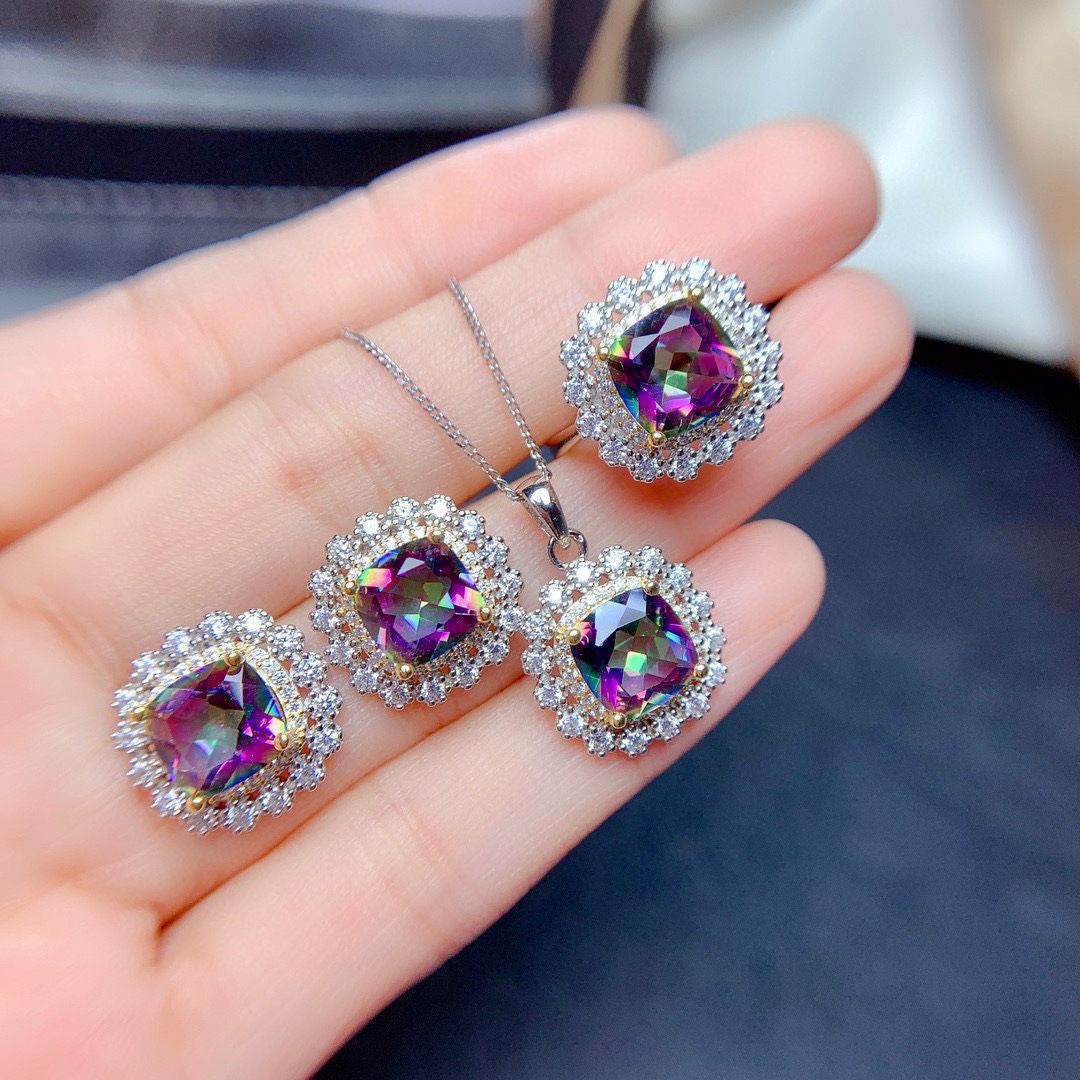 Internet Celebrity Live Streaming Imitation Natural Colorful Crystal Stone Suit Sky Blue Topaz Necklace Ring Eardrops Stud Earrings Female display picture 17