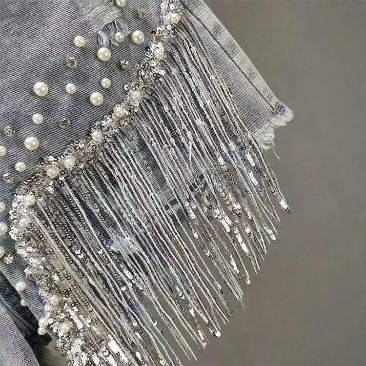 Women's Heavy Duty Rhinestone Denim Shorts High Waisted Slimming Beaded Tassel Ripped Copper 2026 Summer New Style_ecoleips.com
