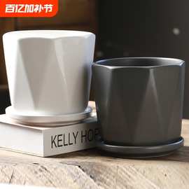 花盆陶瓷大号特大号带托盘白色简约艺术桌面流水手工