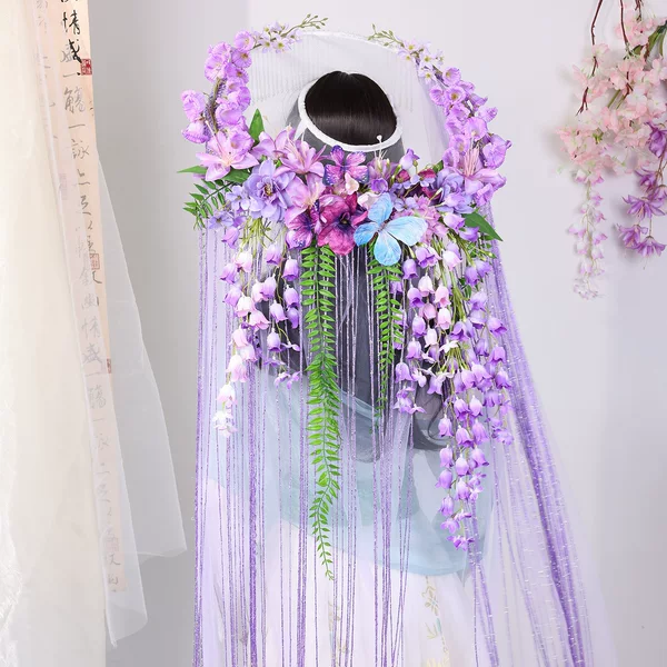 Ancient Style Hair Accessories Bamboo Hat Long Gauze Tassel Lace Curtain Fairy Style Bamboo Hat Catwalk Props Han Dynasty Headdress for Women