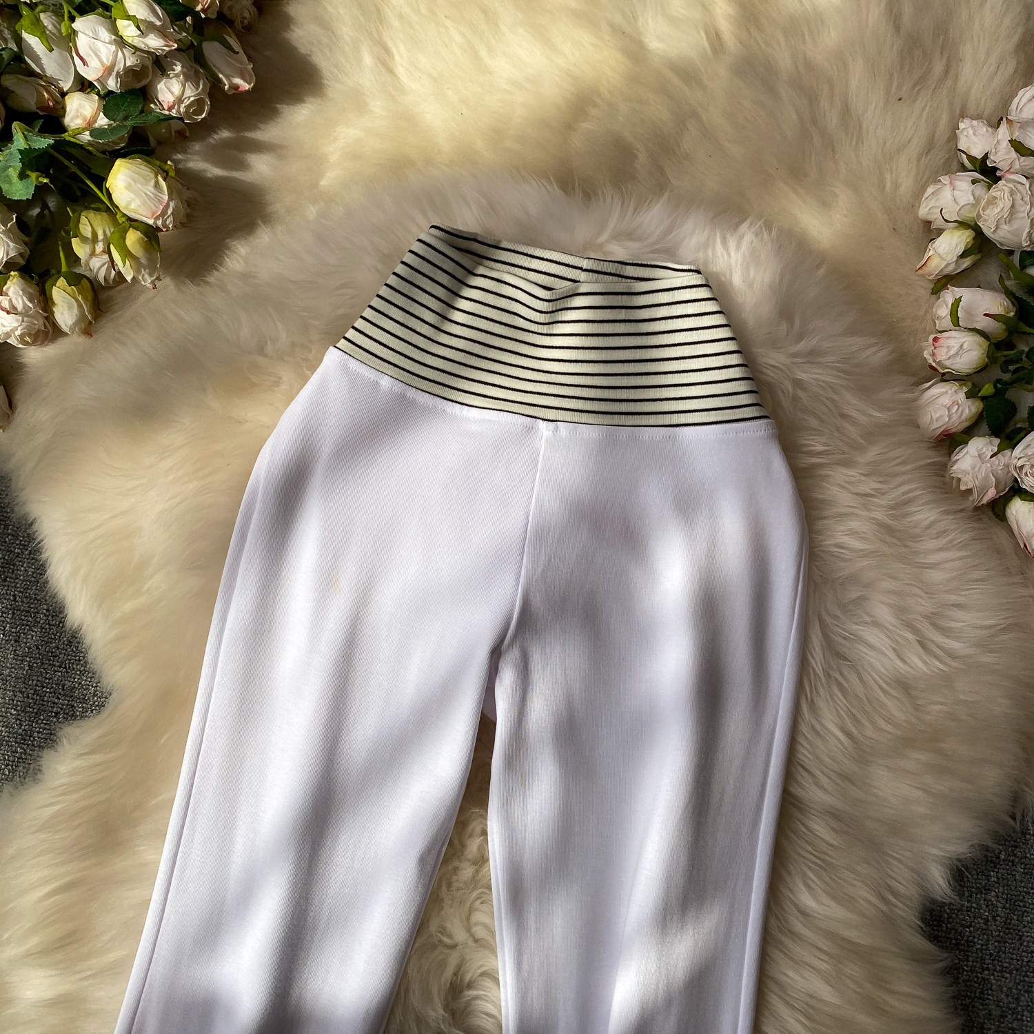 Korean Style High-Waisted Striped Flared Pants Women's Slimming Elongating Summer Bottoms Simple Stylish Polyester Capris_ecoleips.com