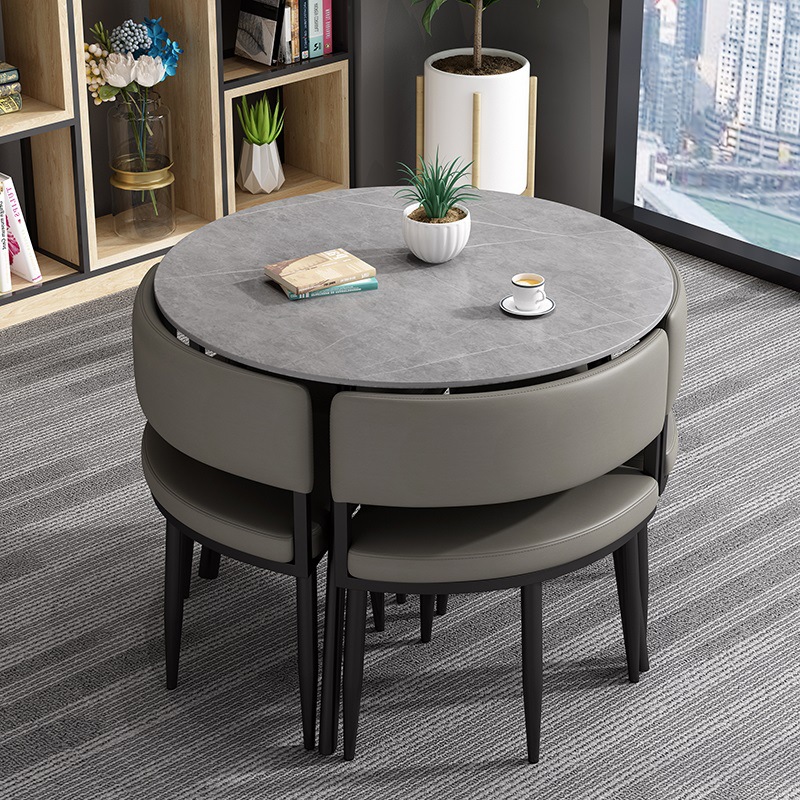 이탈리안 슬레이트 80cm 원형 테이블 - 그레이 테이블과 의자 4개