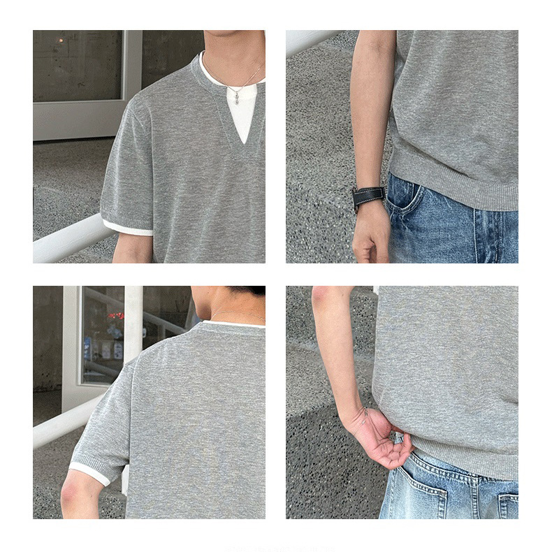 Falsa camiseta de manga corta de dos piezas hombre cuello V cuello redondo viejo viento de negocios camiseta de hielo delgada verano fábrica transfronteriza al por mayor