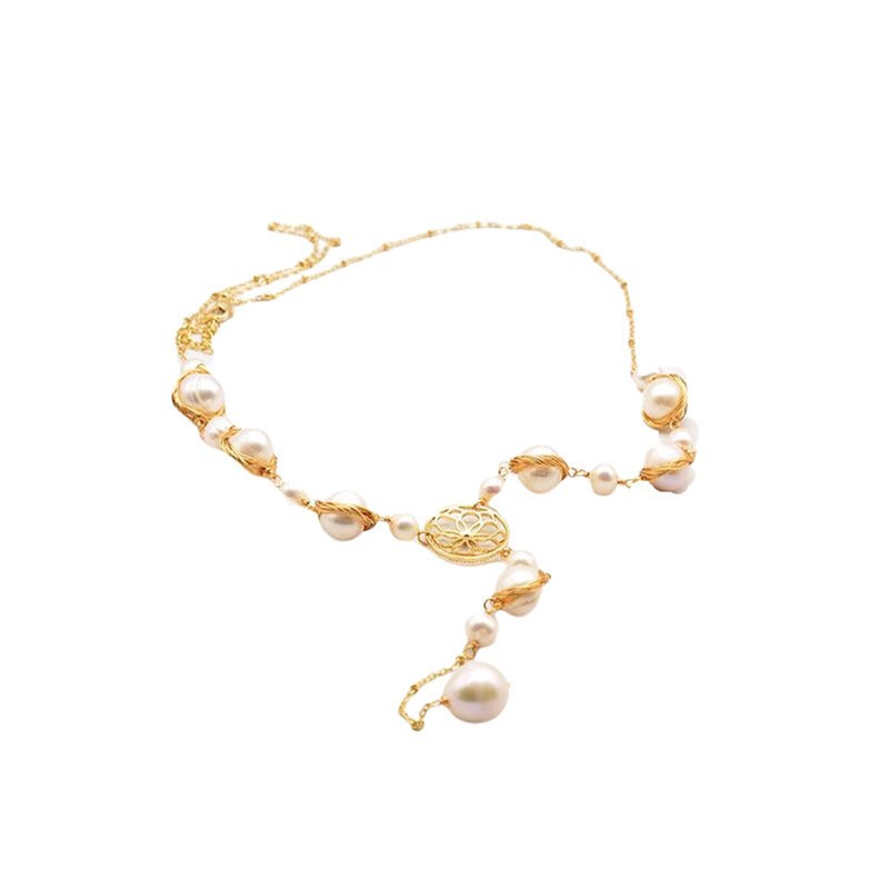 Collar de suéter de perlas naturales de alta calidad elegante todo partido largo collar 18K oro real galvanizado color joyería de retención image 6