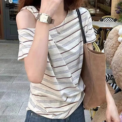韩系小清新别致条纹吊带斜肩上衣女夏2025新款设计感小众短袖t恤