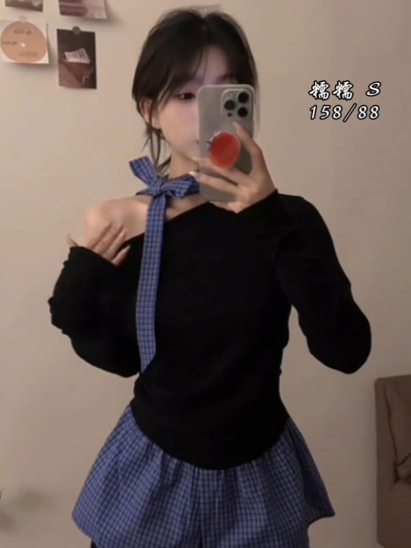 假两件格子拼接露肩长袖t恤女秋冬设计感小众独特别致甜辣妹上衣|undefined