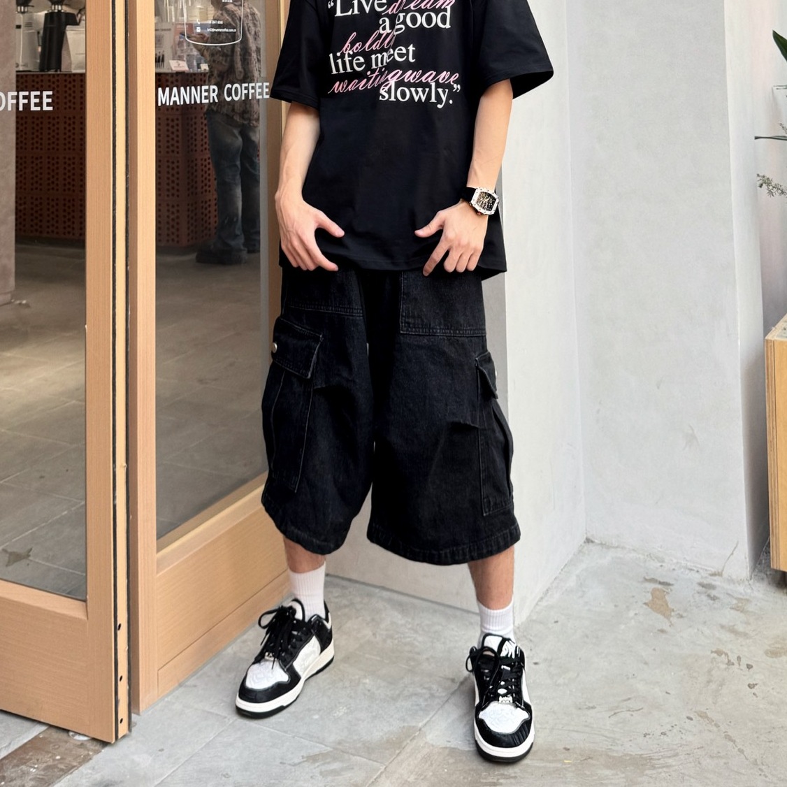 Trendy American Retro Washed Multi-Pocket Cropped Jeans Unisex Summer Versatile Loose Wide-Leg Shorts