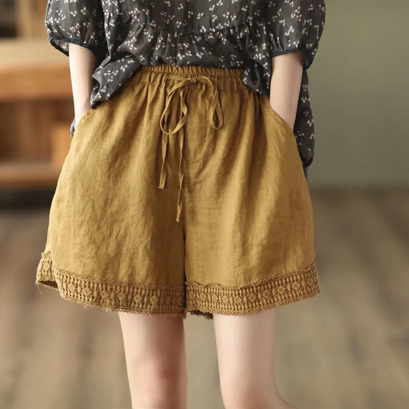 2025 Summer New Vintage Hollow Crochet Cotton and Hemp Pants Women's Artistic Lace Shorts Casual Pants Slimming Straight Pants Summer