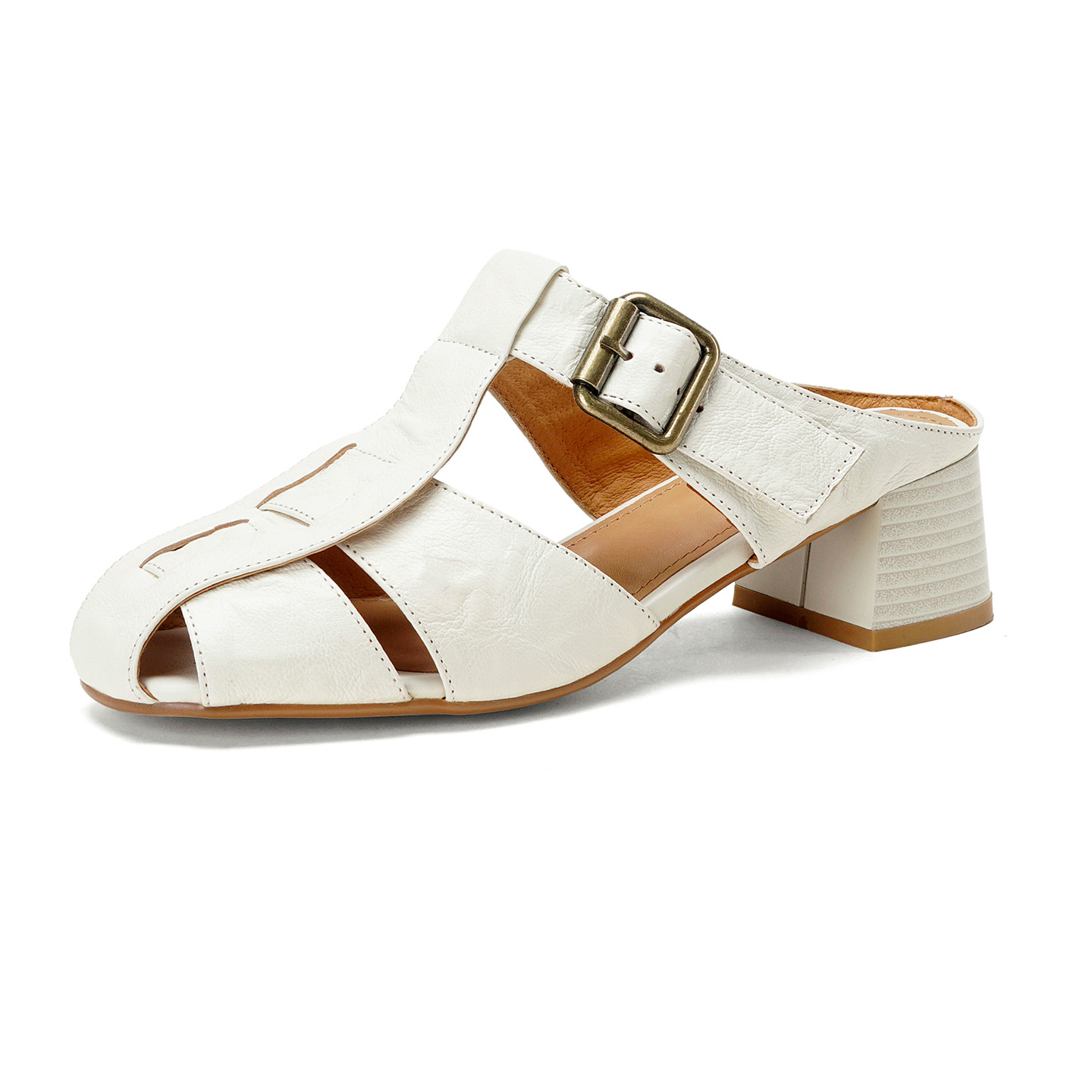 Dép sandal nữ quai dệt da cừu, đế La Mã thô, gót 4.5 cm — Màu caramel