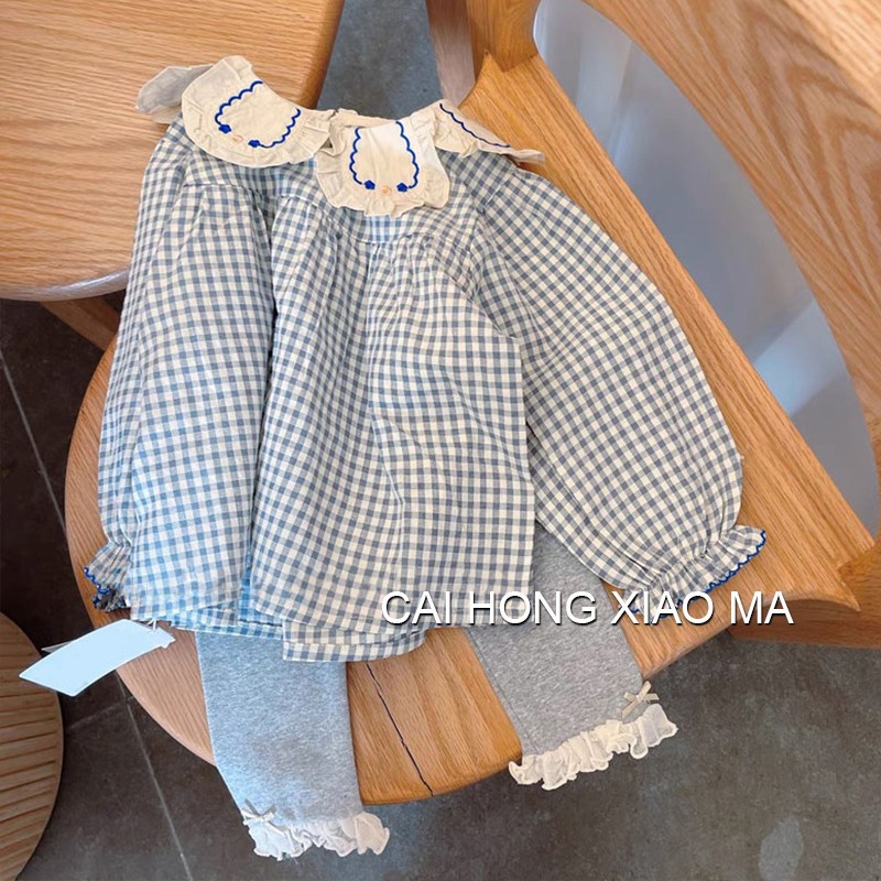 2025 otoño ropa infantil niñas camisa de manga burbuja para niños camisa de muñeca azul cuadrado azul camisa de manga larga camisa