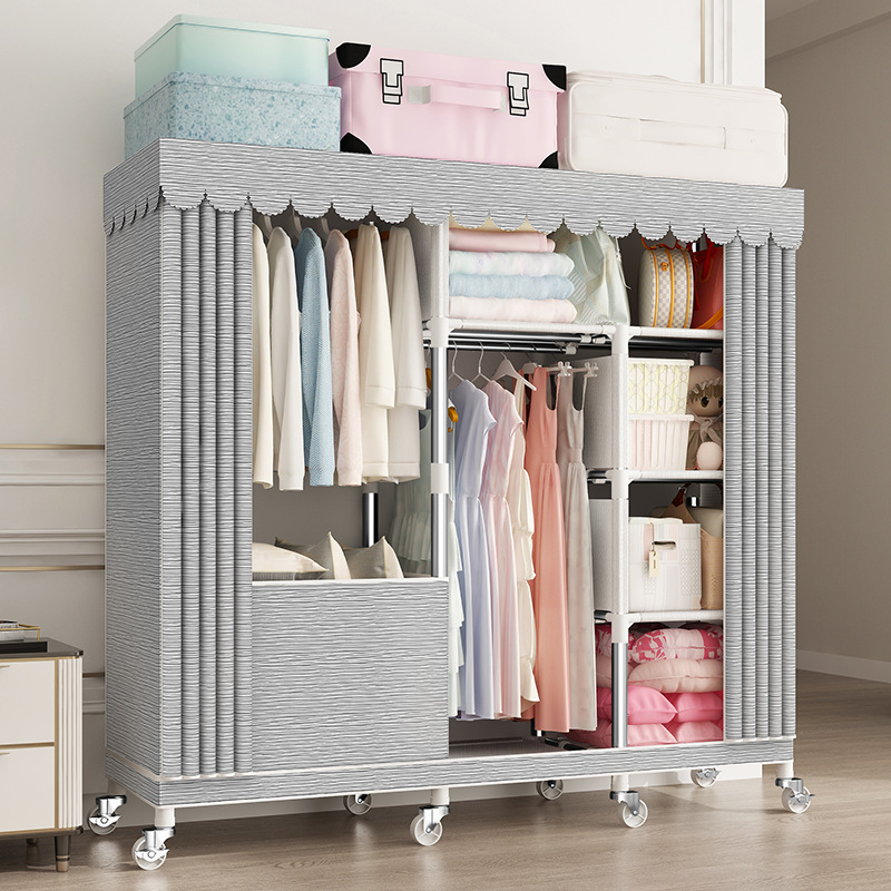 Cremallera completamente cerrado armario de tela simple tubo de acero reforzado en negrita espesado marco de acero completo gabinete de tela de almacenamiento en casa con ruedas