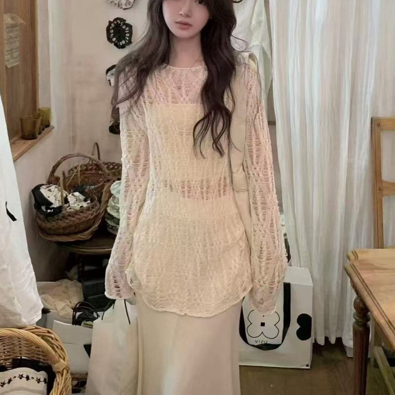 Ys French-Style Hollow-Out Diamond-Pattern Knit Sweater, Spring and Summer Light and Shadow Layering Loose Long-Sleeve Sweater, Crochet Ice Silk Cover-Up Ys French-Style Hollow-Out Diamond-Pattern Knit Sweater, Spring and Summer Light and Shadow Layering Loose Long-Sleeve Sweater, Crochet Ice Silk Cover-Up