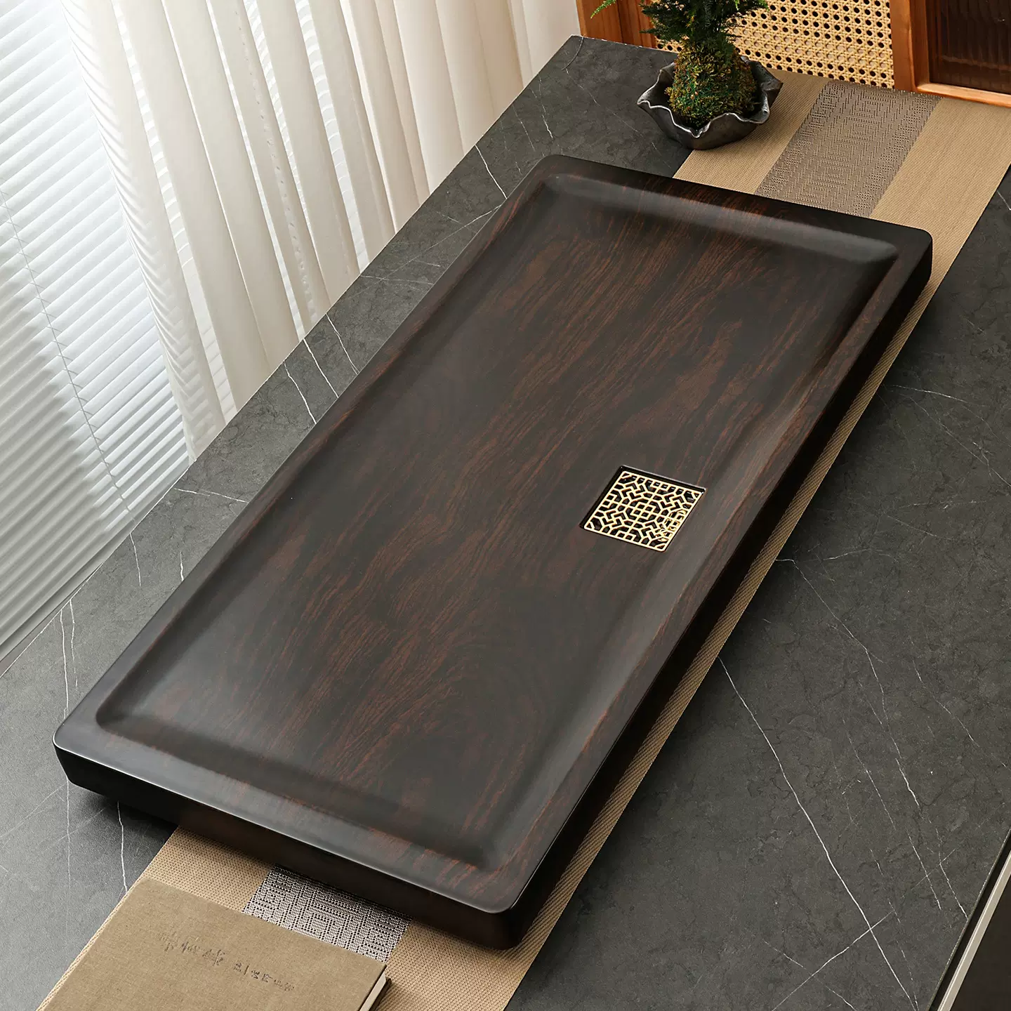 黑檀木茶盘实木家用新款小型带排水办公室仿原木茶托盘茶台茶海