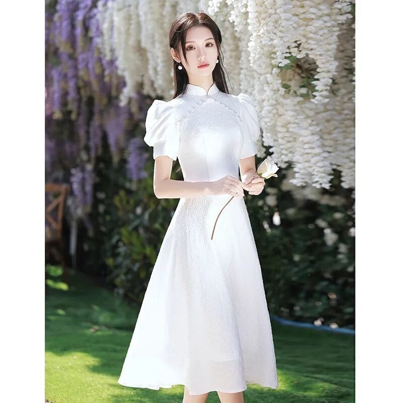 National Style White Dress for Women 2026 Summer New Model New Chinese Style Slim Fit Evening Dress for Petite Figures Mid-Length Dress