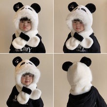 儿童帽子围巾一体可爱超萌加绒熊猫两件套宝宝护耳帽加厚毛绒帽冬