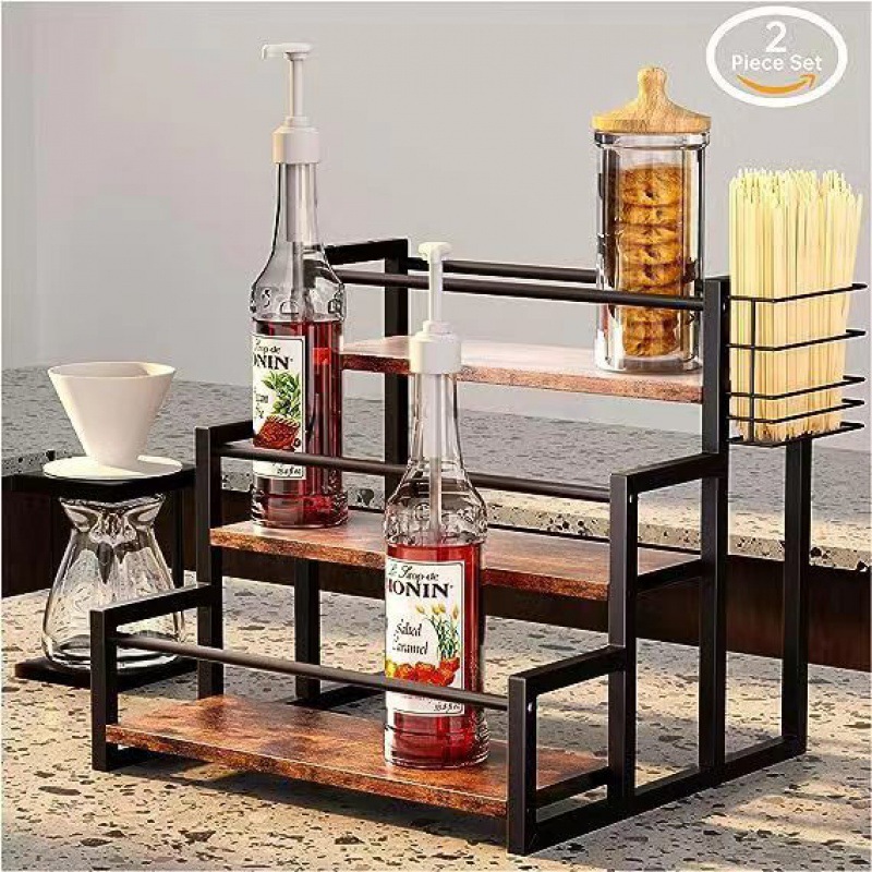 Wrought Iron Coffee Syrup Storage Box Rack, Beverage and Seasoning Rack, Desktop Storage Organizer, Kitchen Storage