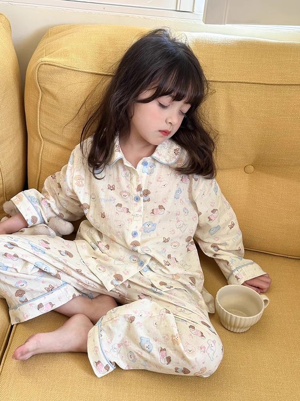 子供のかわいい漫画キティ猫パジャマ女の子服春と秋の長袖綿の感触空調は家の服の外で着用できます|undefined