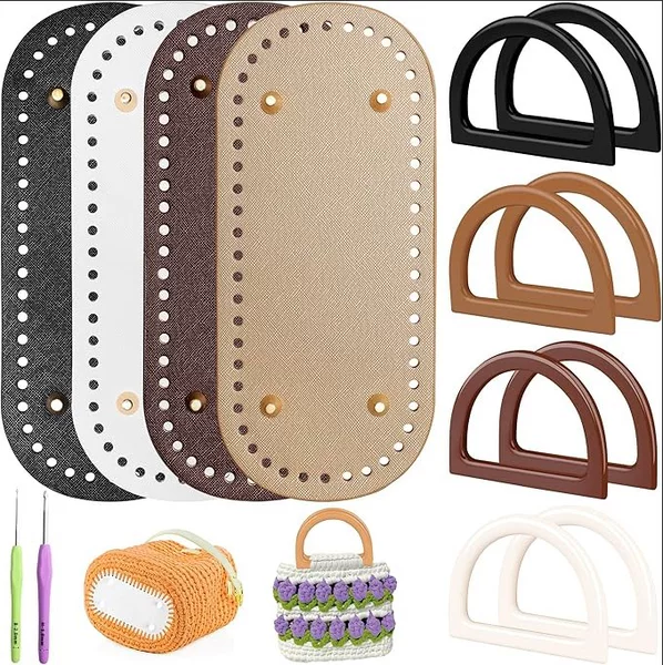 Crochet Bag Base, with D-Shaped Purse Handle, for Bag Making, 2 Crochet Hooks, 4-Color Leather Purse