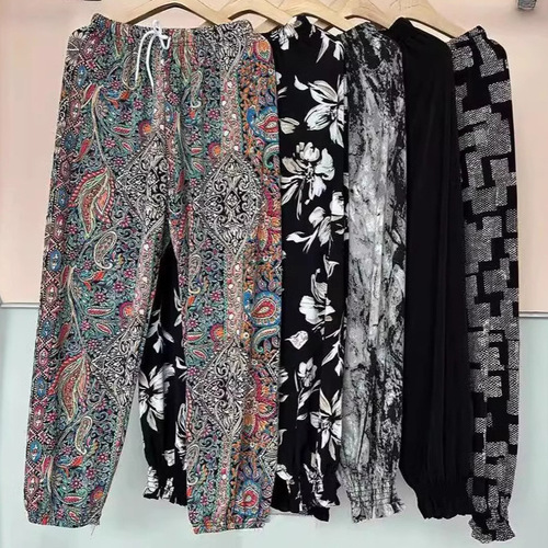 2025 New Ice Silk Loose Drawstring Patterned Straight Leg Pants High-Waist Casual Large Size Mom's Pants for Women Dropshipping