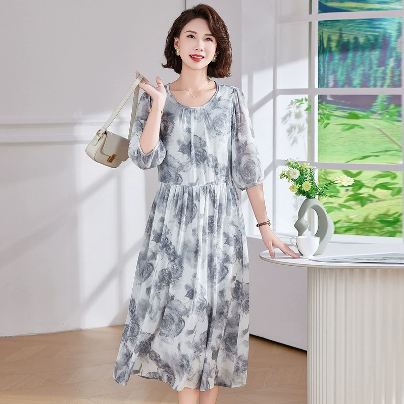 2025 новое платье с короткими рукавами, модное новое платье с цветочным принтом, большой размер, скрывающее живот, утягивающая юбка средней длины