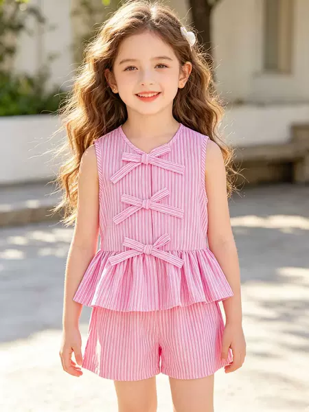 Spring and Summer Girls' European and American Style Striped Round Neck Bow Single-Breasted Sleeveless Vest Top and Shorts Two-Piece Set