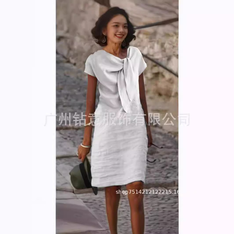 Spot 2025 New Cross-Border Export European and American Clothing Round Neck Tie Short-Sleeved Pure Color Cotton and Linen Dress Spot 2025 New Cross-Border Export European and American Clothing Round Neck Tie Short-Sleeved Pure Color Cotton and Linen Dress