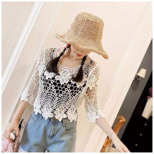 Summer versatile short-sleeved outer shawl women's thin coat lace knitted pullover hollow waistcoat small fragrance