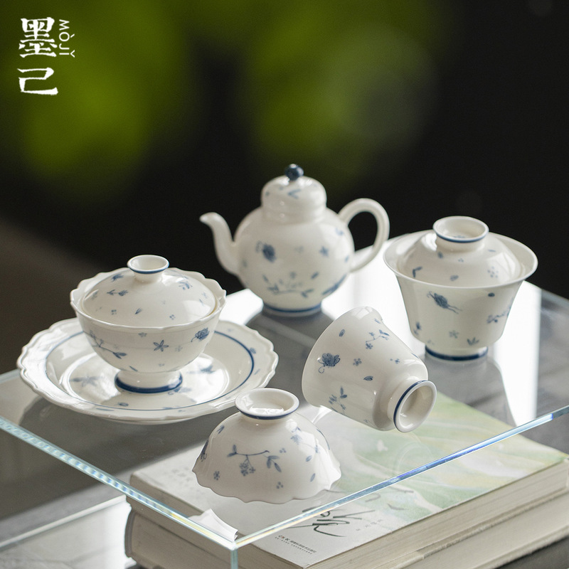 Qingji National Style Jade Porcelain Flower and Butterfly Hand-Painted Blue and White Tea Set Collection Kung Fu Tea Set Household Teapot Covered Bowl Tea Cup