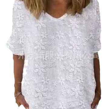 Amazon desea AliExpress 2023 verano europeo y americano de las mujeres Jersey bordado cuello en V elegante camisa