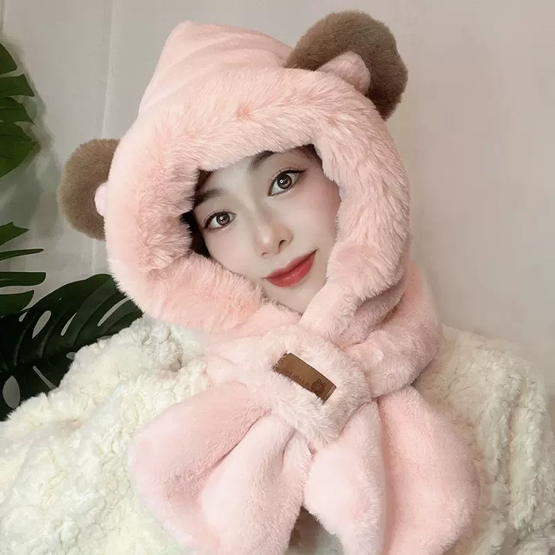 韩版小熊口罩围巾一体帽子可爱耳朵毛绒学生冬季保暖套头帽子代发