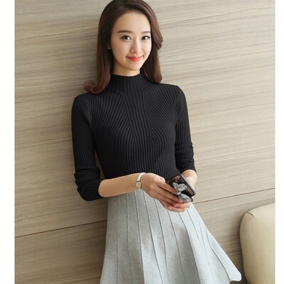 セーター女性2021秋冬修身中襟底長袖カバー頭半高襟薄い上着ニット卸売り|undefined
