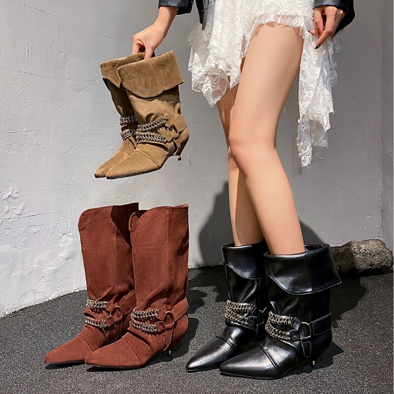 Korean-Style Niche Chain Kitten Heel Slim Boots for Women, Mid-Calf Stacked Boots, Elegant Stiletto Pointed Toe Western Cowboy Ankle Boots