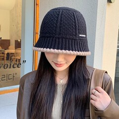 韓国版毛糸漁師帽女性秋冬保温布アルファベット盆帽ファッション気質百合ニットバケツ帽子