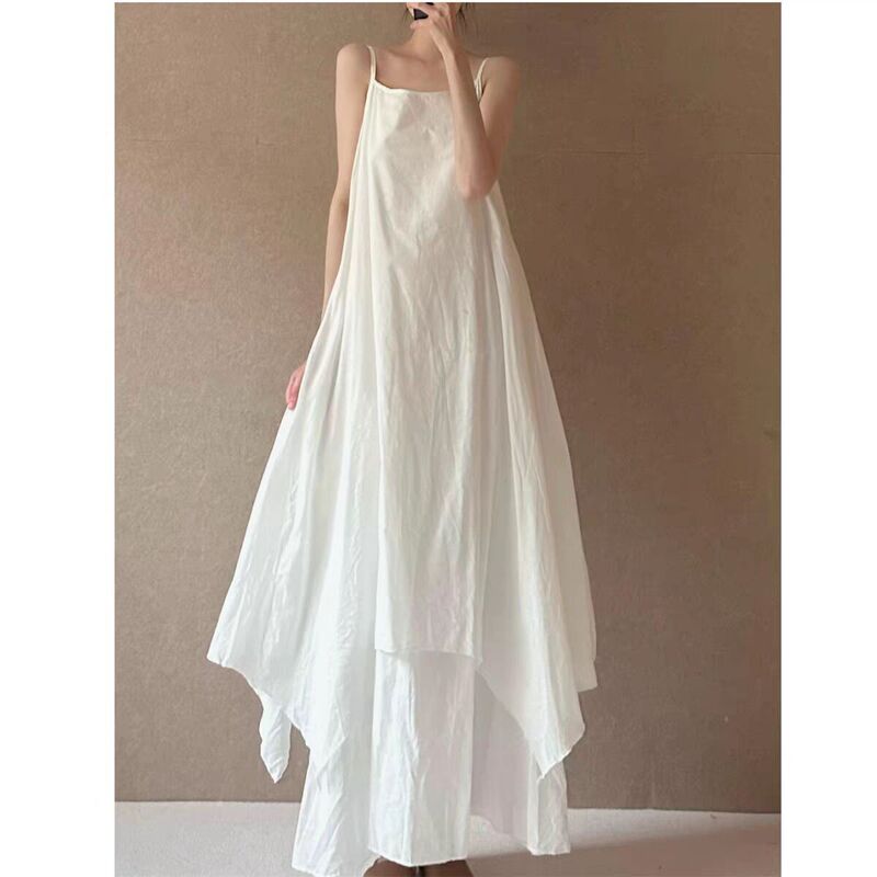 2026 Summer New Minimalist Extended Camisole Dress with Irregular Curved Hem and Double-Layer Flowing Long Dress