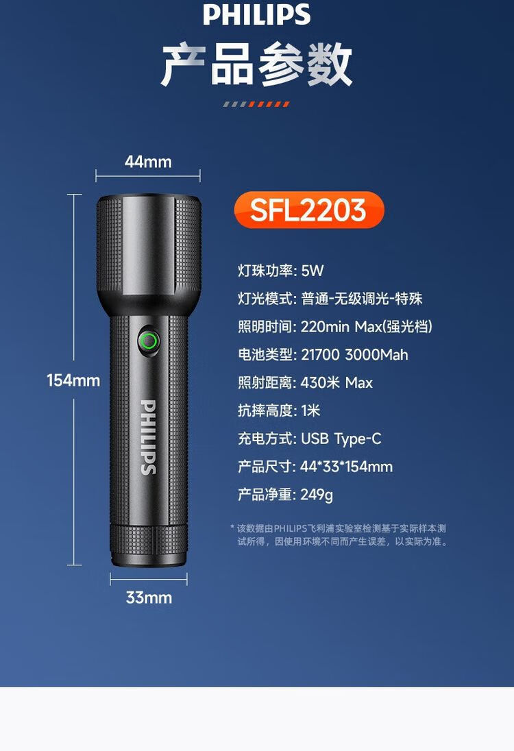 Philips Flashlight Strong Light Long Life SFL2203 Field Outdoor Lighting Rechargeable Battery Emergency