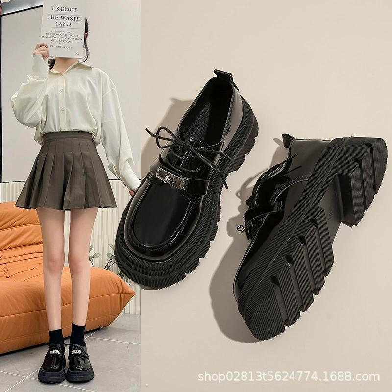 Черные туфли с толстой подошвы Lefu женский осень-зима новый 2024jk британский стиль шнуровка туфли из багги с юбкой кожаные туфли