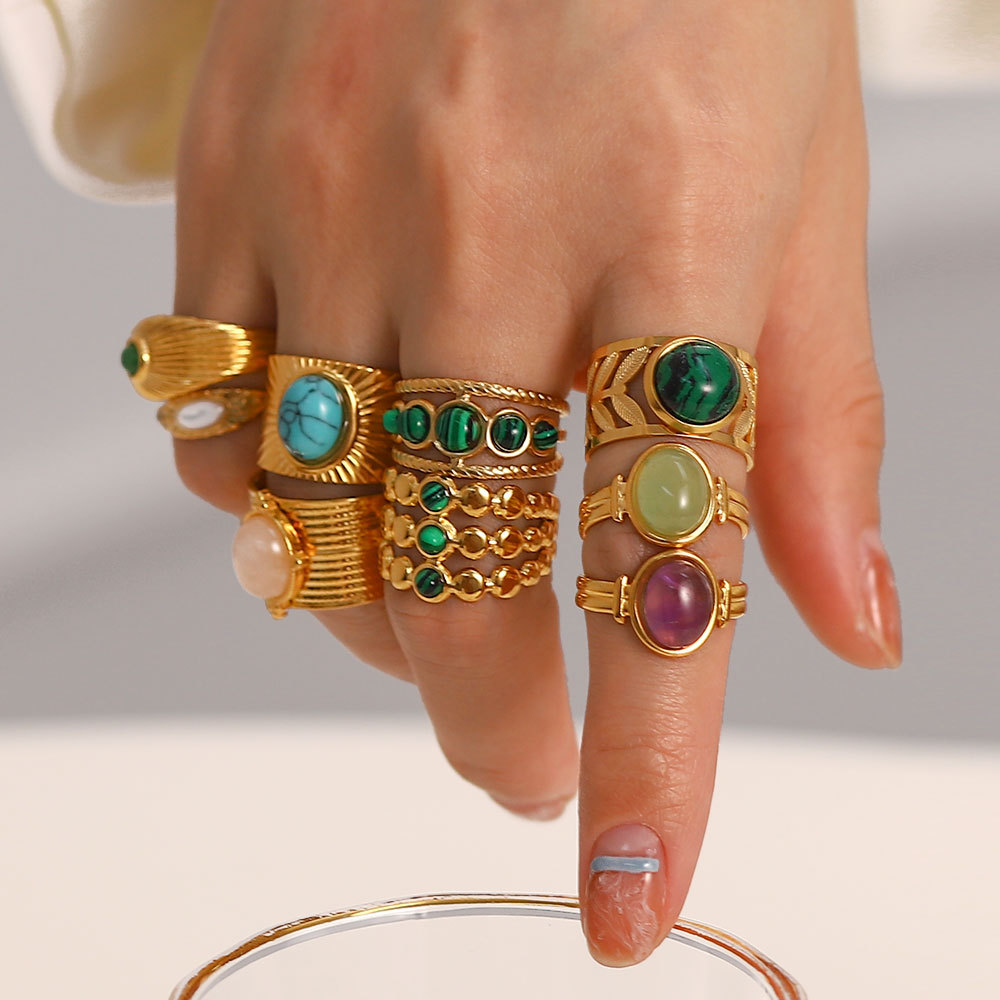 法式复古天然石指环百搭高级感宝石手饰女钛钢开口戒指ins不掉色