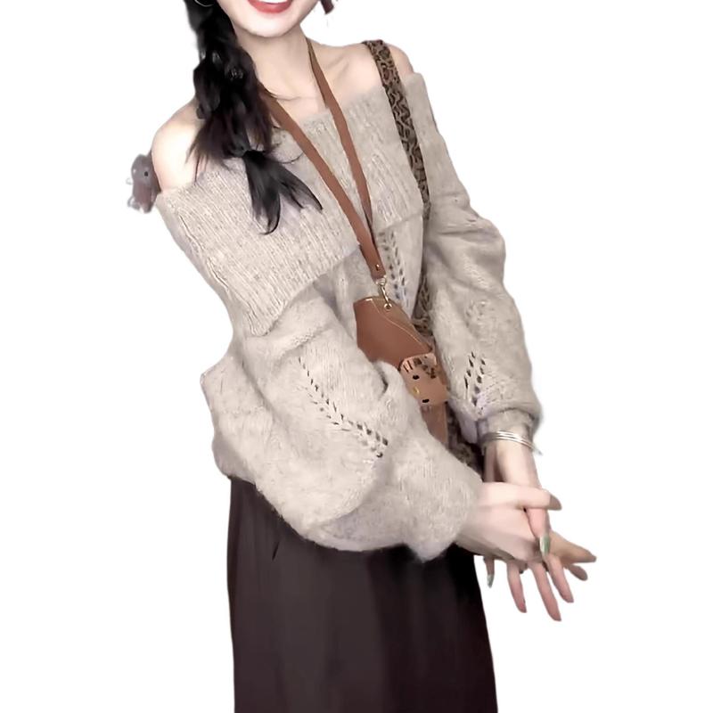 韩系露肩韩系套头毛衣女秋慵懒风宽松休闲显瘦气质小个子长袖衣|undefined