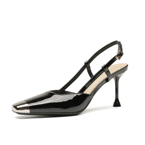79903 [Sheepskin] Square Toe High Heels Women's 2024 Summer New Metal Toe Stiletto Strap Sandals