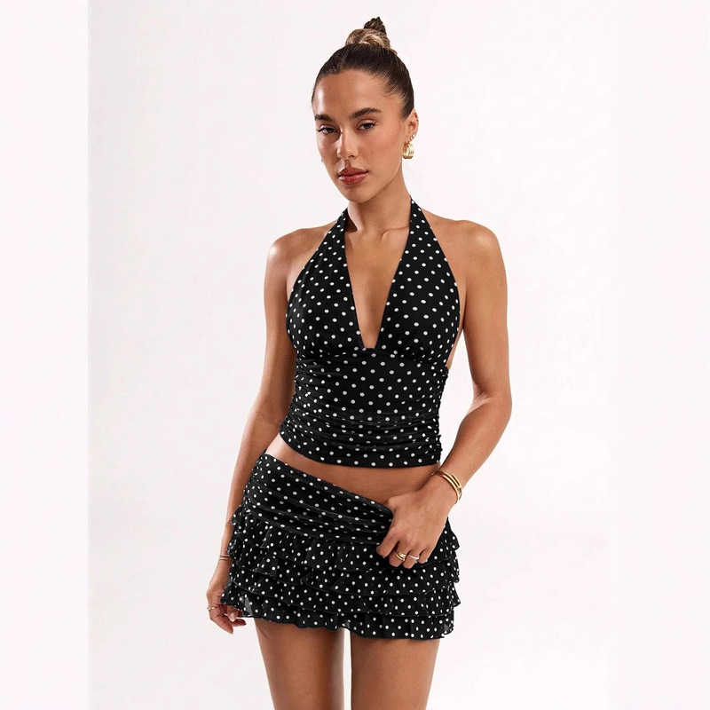 D9794 Amazon European and American Hot-Selling Women's Clothing Sexy Polka Dot Print Halterneck Vest and Ear-Hemmed Skirt Suit