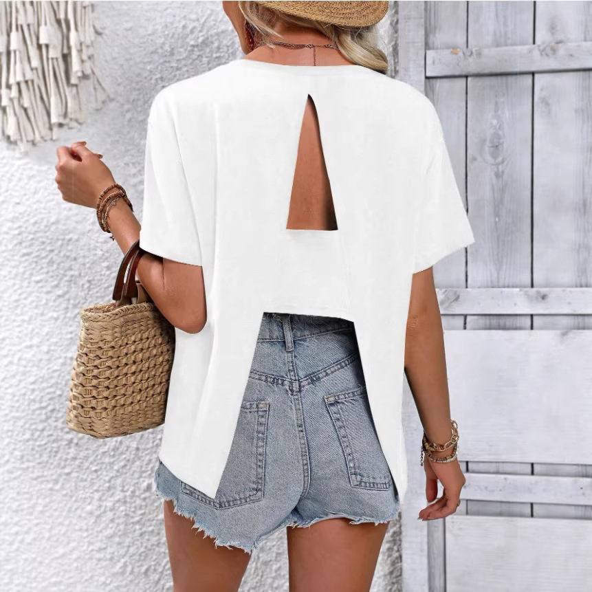 2026Temu Amazon Foreign Trade Fashion Casual Women's T-Shirt with Back Slit, New European and American Style Short-Sleeve Top