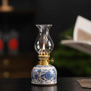 Blue and White Ru Kiln Ceramic Butter Lamp Bedroom Night Light Lamps New Chinese Style Hand-Painted Flowers Retro Kerosene Lamp Lamps