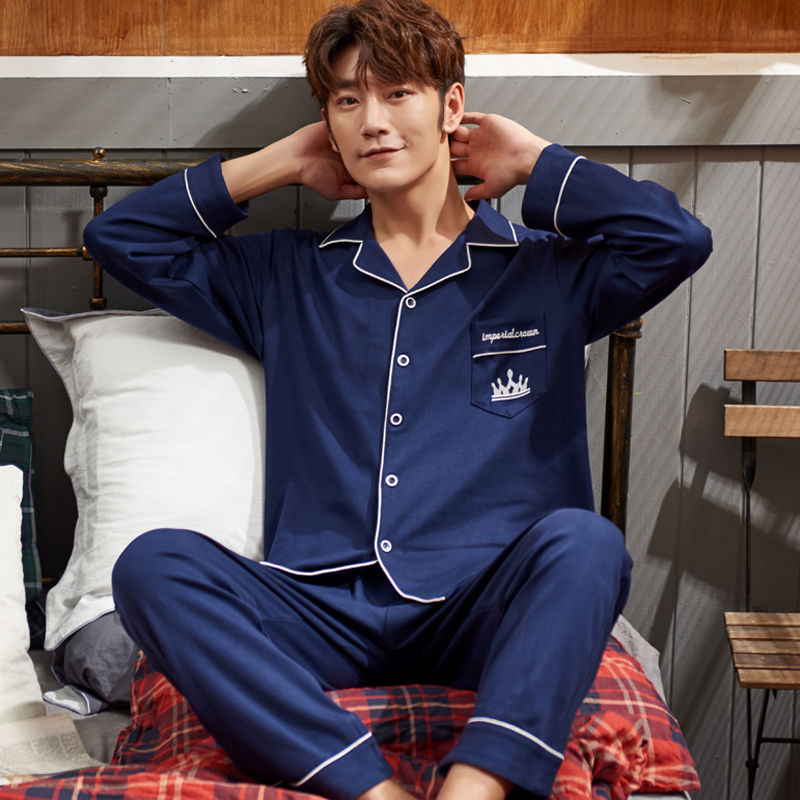 Pijamas de hombre 100% algodón de manga larga primavera y otoño pijamas de hombre joven Otoño e Invierno traje de homewear de mediados de verano