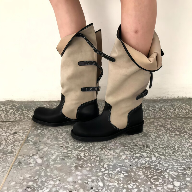 First Encounter Season 2026 New Retro Patchwork Western Cowboy Boots for Women, Convertible Wide-Calf Slouch Boots with Chunky Heel and Square Toe First Encounter Season 2026 New Retro Patchwork Western Cowboy Boots for Women, Convertible Wide-Calf Slouch Boots with Chunky Heel and Square Toe