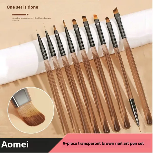 Japanese-Style 9-Piece Brown and Gray Nail Art Brush Set for Painting, Line Drawing, Gel Art, and Flower Shading, Wholesale