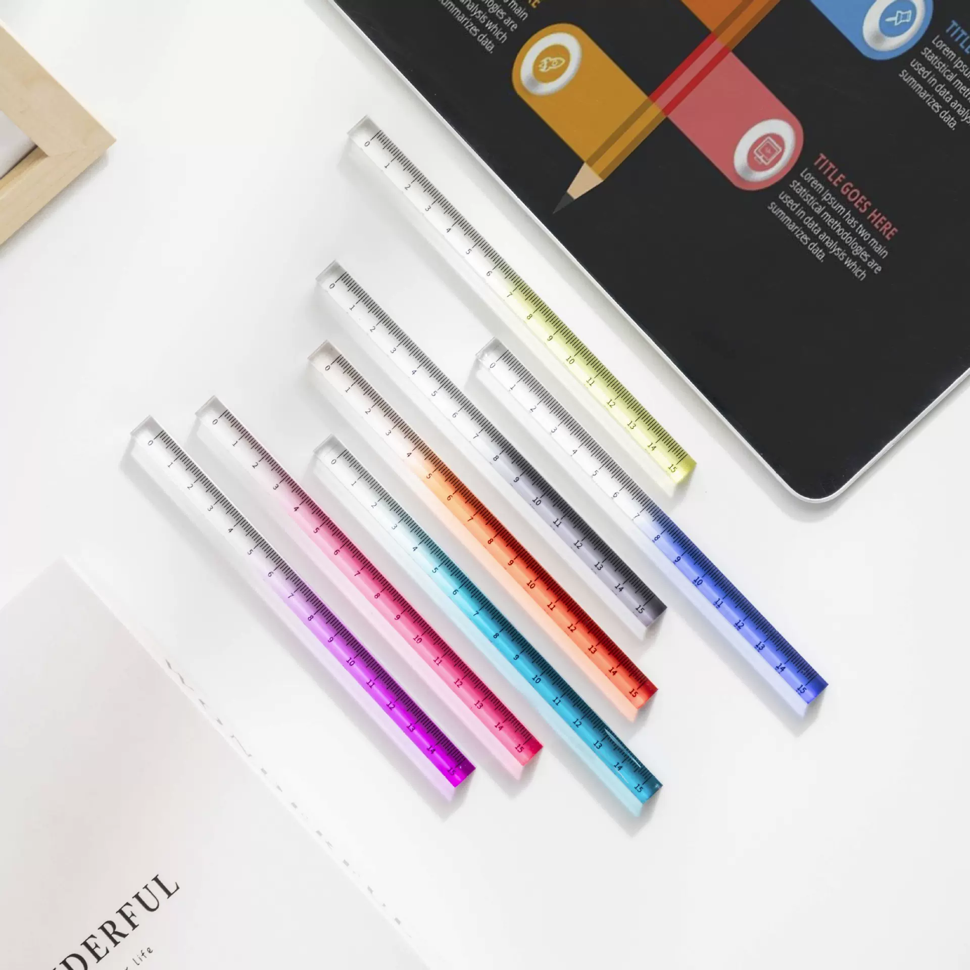 亚克力尺子工厂直供盼得跨境透明渐变色尺子15cm直尺学生绘图测量