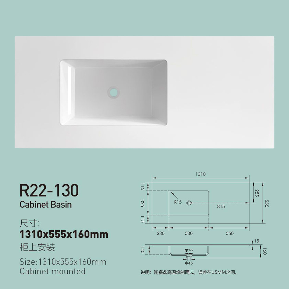 Lavabo de borde fino brillante, lavabo individual, lavabo integrado de cerámica, lavabo con sensación de piel, las esquinas del lavabo sobre encimera del baño se pueden cortar