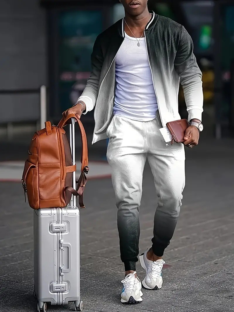 Versión coreana de la chaqueta con cremallera de estilo Pi Shuai Hong Kong de diseño de dos piezas degradado estilo popular pantalones WL9-ML1